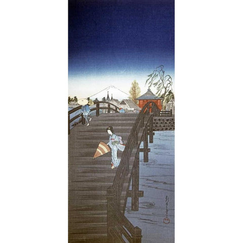 Japanese Print - Yedo River In Tokyo Black Modern Wood Framed Art Print by Chowka