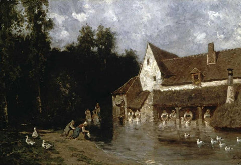 Washerwomen White Modern Wood Framed Art Print with Double Matting by Cicerie, E.