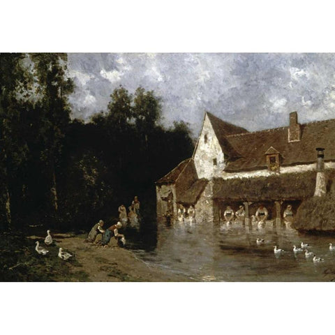 Washerwomen White Modern Wood Framed Art Print by Cicerie, E.