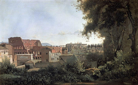 Colosseum Seen Through The Farnese Gardens Black Ornate Wood Framed Art Print with Double Matting by Corot, Jean-Baptiste-Camille