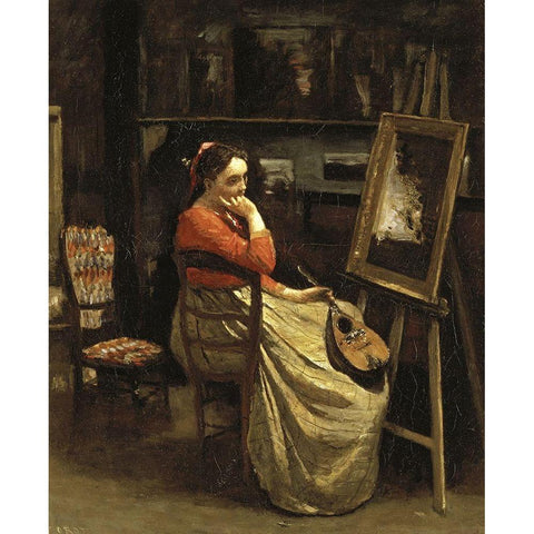 Corots Studio, Young Woman With a Mandolin White Modern Wood Framed Art Print by Corot, Jean-Baptiste-Camille