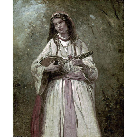 Gypsy Girl With Mandolin Black Modern Wood Framed Art Print with Double Matting by Corot, Jean-Baptiste-Camille