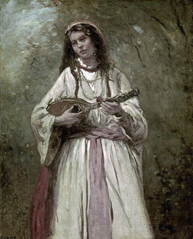 Gypsy Girl With Mandolin Black Ornate Wood Framed Art Print with Double Matting by Corot, Jean-Baptiste-Camille