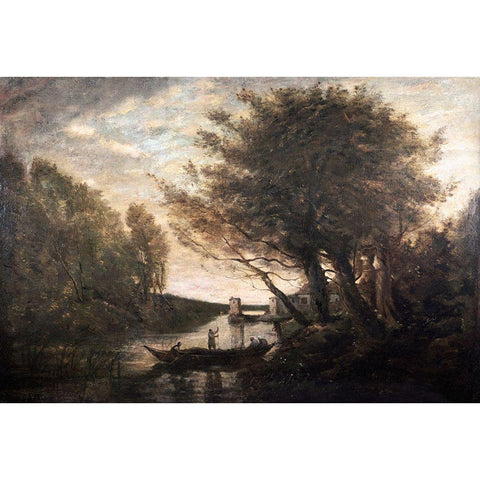 Rowing To Shore Gold Ornate Wood Framed Art Print with Double Matting by Corot, Jean-Baptiste-Camille