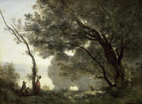 Souvenir of Mortefontaine Black Ornate Wood Framed Art Print with Double Matting by Corot, Jean-Baptiste-Camille