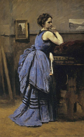 Woman In Blue White Modern Wood Framed Art Print with Double Matting by Corot, Jean-Baptiste-Camille