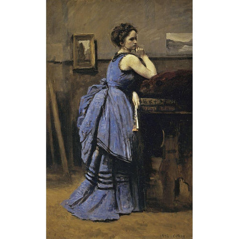 Woman In Blue Gold Ornate Wood Framed Art Print with Double Matting by Corot, Jean-Baptiste-Camille