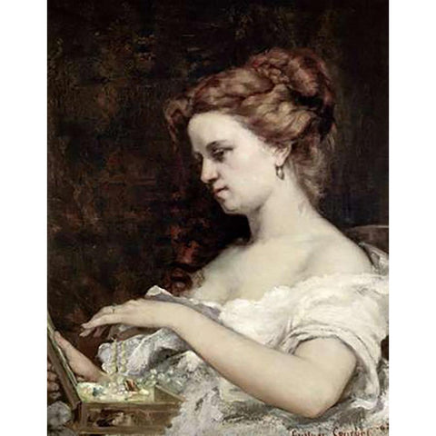 Woman With Jewels Black Modern Wood Framed Art Print with Double Matting by Courbet, Gustave