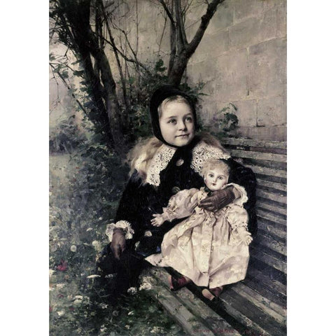 Her Favorite Doll Black Modern Wood Framed Art Print with Double Matting by Courtois, Gustave Claude E.