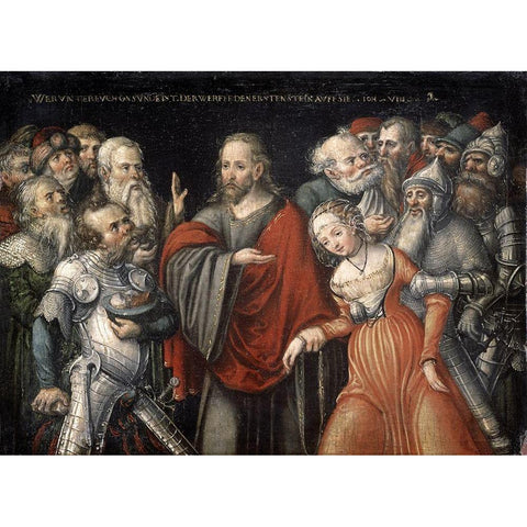 Christ and The Adulteress White Modern Wood Framed Art Print by Cranach, Lucas