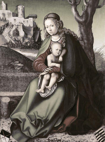 Madonna and Child Black Ornate Wood Framed Art Print with Double Matting by Cranach, Lucas