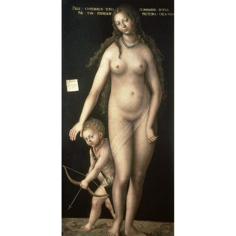 Venus and Amor Gold Ornate Wood Framed Art Print with Double Matting by Cranach, Lucas