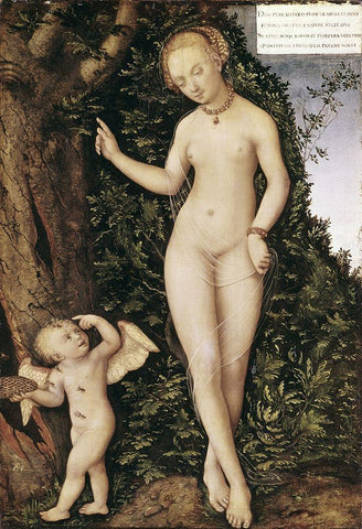 Venus and Cupid With Bee Hive White Modern Wood Framed Art Print with Double Matting by Cranach, Lucas