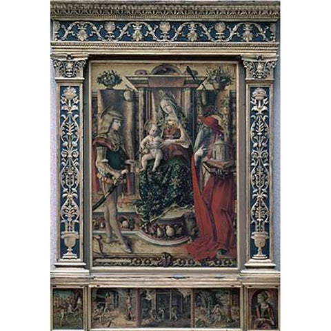 Madonna and Child With St. Jerome and St. Sebastian Gold Ornate Wood Framed Art Print with Double Matting by Crivelli, Carlo