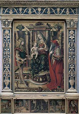 Madonna and Child With St. Jerome and St. Sebastian White Modern Wood Framed Art Print with Double Matting by Crivelli, Carlo