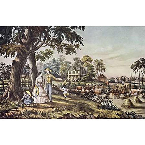 American Country Life: Summer Evening Gold Ornate Wood Framed Art Print with Double Matting by Ives, Currier and