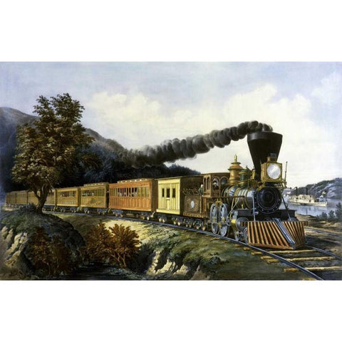 American Express Train Gold Ornate Wood Framed Art Print with Double Matting by Currier and Ives