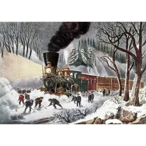 American Railroad Scene Black Modern Wood Framed Art Print with Double Matting by Currier and Ives