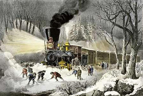 American Railroad Scene/Snowbound Black Ornate Wood Framed Art Print with Double Matting by Ives, Currier and
