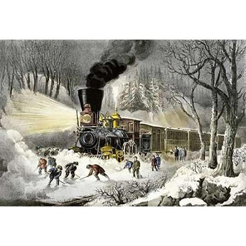 American Railroad Scene/Snowbound Black Modern Wood Framed Art Print by Ives, Currier and