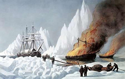 American Whalers Crushed In The Ice White Modern Wood Framed Art Print with Double Matting by Ives, Currier and