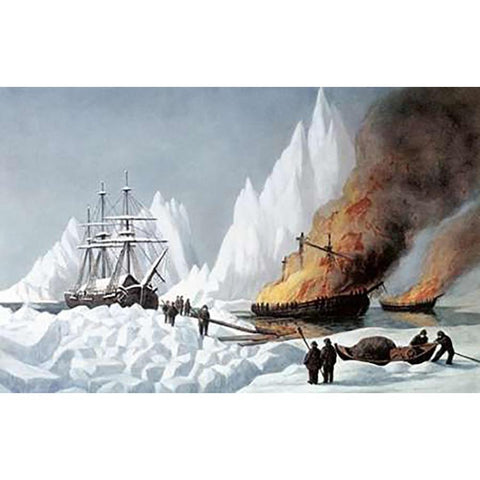 American Whalers Crushed In The Ice Gold Ornate Wood Framed Art Print with Double Matting by Ives, Currier and