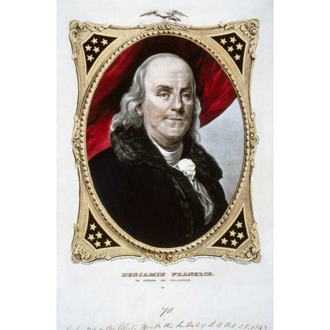 Benjamin Franklin Gold Ornate Wood Framed Art Print with Double Matting by Currier and Ives