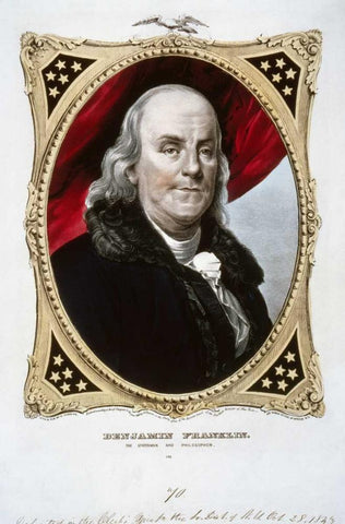 Benjamin Franklin White Modern Wood Framed Art Print with Double Matting by Currier and Ives