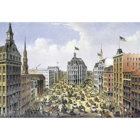 Broadway New York Gold Ornate Wood Framed Art Print with Double Matting by Currier and Ives