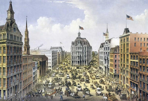 Broadway New York Black Ornate Wood Framed Art Print with Double Matting by Currier and Ives