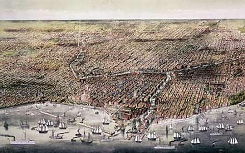 City of Chicago Black Ornate Wood Framed Art Print with Double Matting by Ives, Currier and