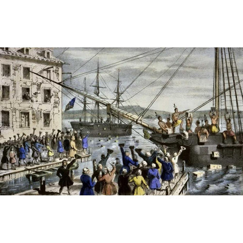 Destruction of Tea at Boston Harbor Gold Ornate Wood Framed Art Print with Double Matting by Currier and Ives