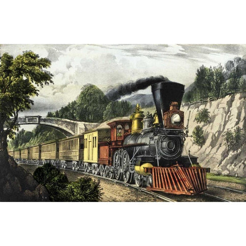 Express Train Gold Ornate Wood Framed Art Print with Double Matting by Currier and Ives