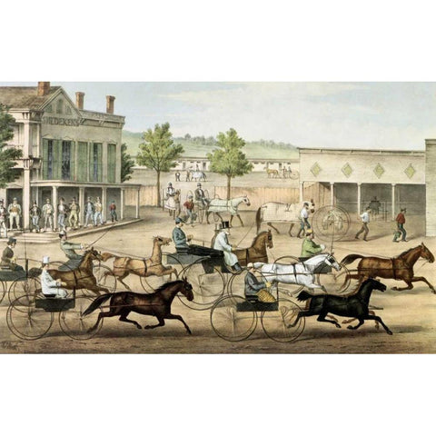 Going To The Trot Black Modern Wood Framed Art Print with Double Matting by Currier and Ives