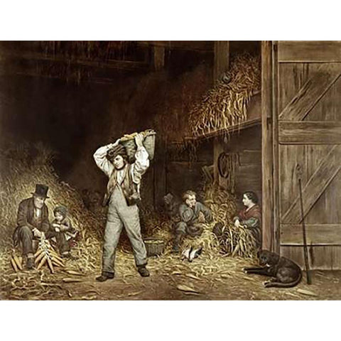 Husking Corn Black Modern Wood Framed Art Print with Double Matting by Ives, Currier and