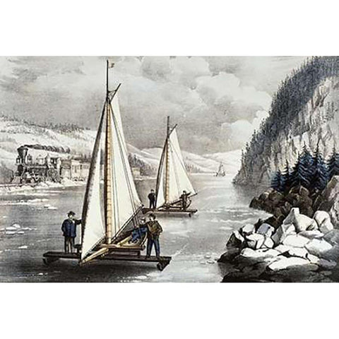 Ice Boat Race On The Hudson Black Modern Wood Framed Art Print with Double Matting by Ives, Currier and