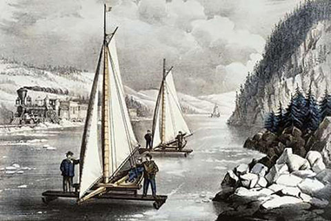 Ice Boat Race On The Hudson Black Ornate Wood Framed Art Print with Double Matting by Ives, Currier and