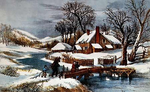 Ingleside Winter Black Ornate Wood Framed Art Print with Double Matting by Ives, Currier and