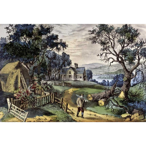 My Boyhoods Home Black Modern Wood Framed Art Print with Double Matting by Currier and Ives