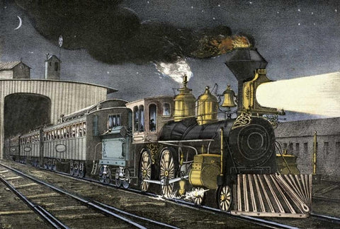 Night Express: The Start Black Ornate Wood Framed Art Print with Double Matting by Currier and Ives