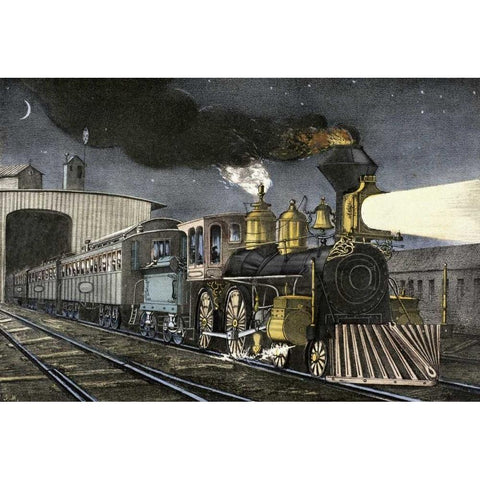 Night Express: The Start White Modern Wood Framed Art Print by Currier and Ives