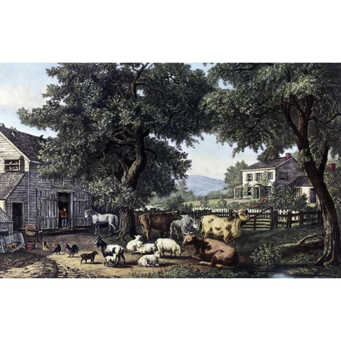 Old Homestead Gold Ornate Wood Framed Art Print with Double Matting by Currier and Ives