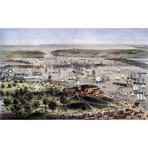 Port of New York Birds Eye View From The Battery, Looking South Black Modern Wood Framed Art Print with Double Matting by Currier and Ives