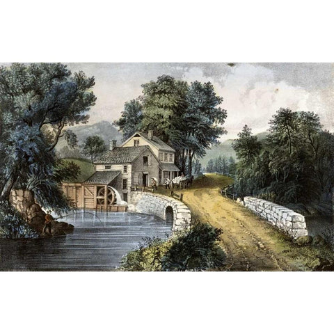 Roadside Mill Gold Ornate Wood Framed Art Print with Double Matting by Currier and Ives