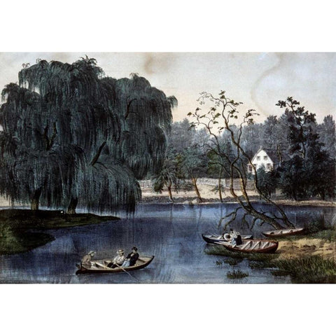 Rural Lake Black Modern Wood Framed Art Print with Double Matting by Currier and Ives