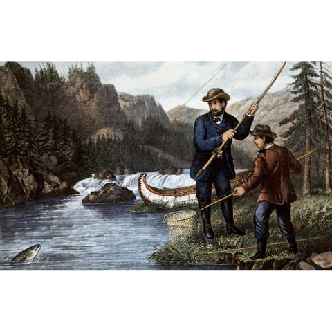 Salmon Fishing White Modern Wood Framed Art Print by Currier and Ives