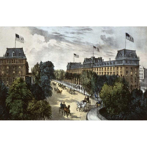 Saratoga Springs Black Modern Wood Framed Art Print with Double Matting by Currier and Ives