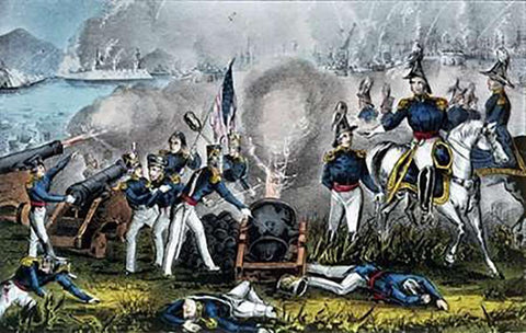 Siege of Vera Cruz March 1847 Black Ornate Wood Framed Art Print with Double Matting by Ives, Currier and