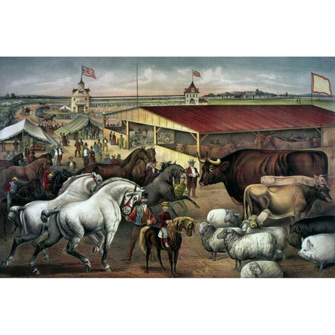 Sights at The Fair Ground Black Modern Wood Framed Art Print with Double Matting by Currier and Ives