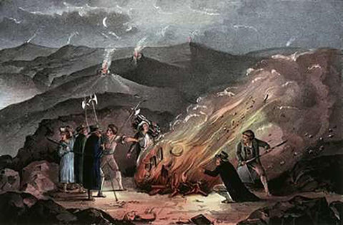 Signal Fires On The Slievenamon Mountains Black Ornate Wood Framed Art Print with Double Matting by Ives, Currier and